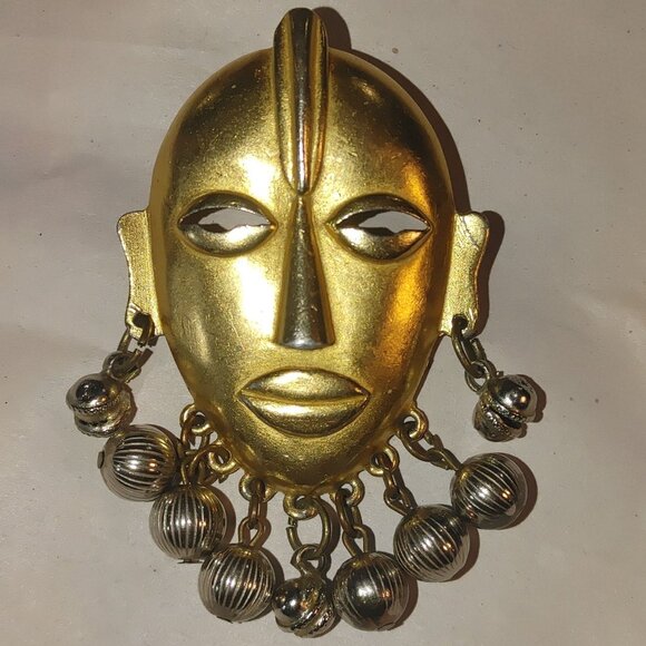 Large Tribal Mask Brooch Pin Mayan Aztec African Vintage Dangling Silver Balls - Picture 1 of 13